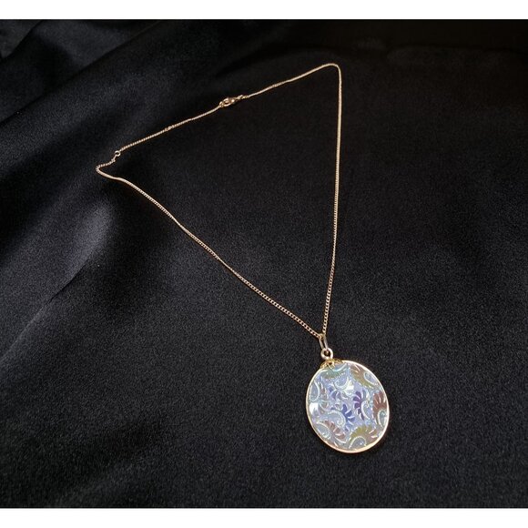 Vintage Gold-Tone Necklace With Iridescent Embossed Round Pendant - Picture 3 of 5